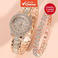 Conjunto De Joias Com Relógio De Pulso Feminino De Quartzo E Bracelete De Diamante Completo - 2 Peças